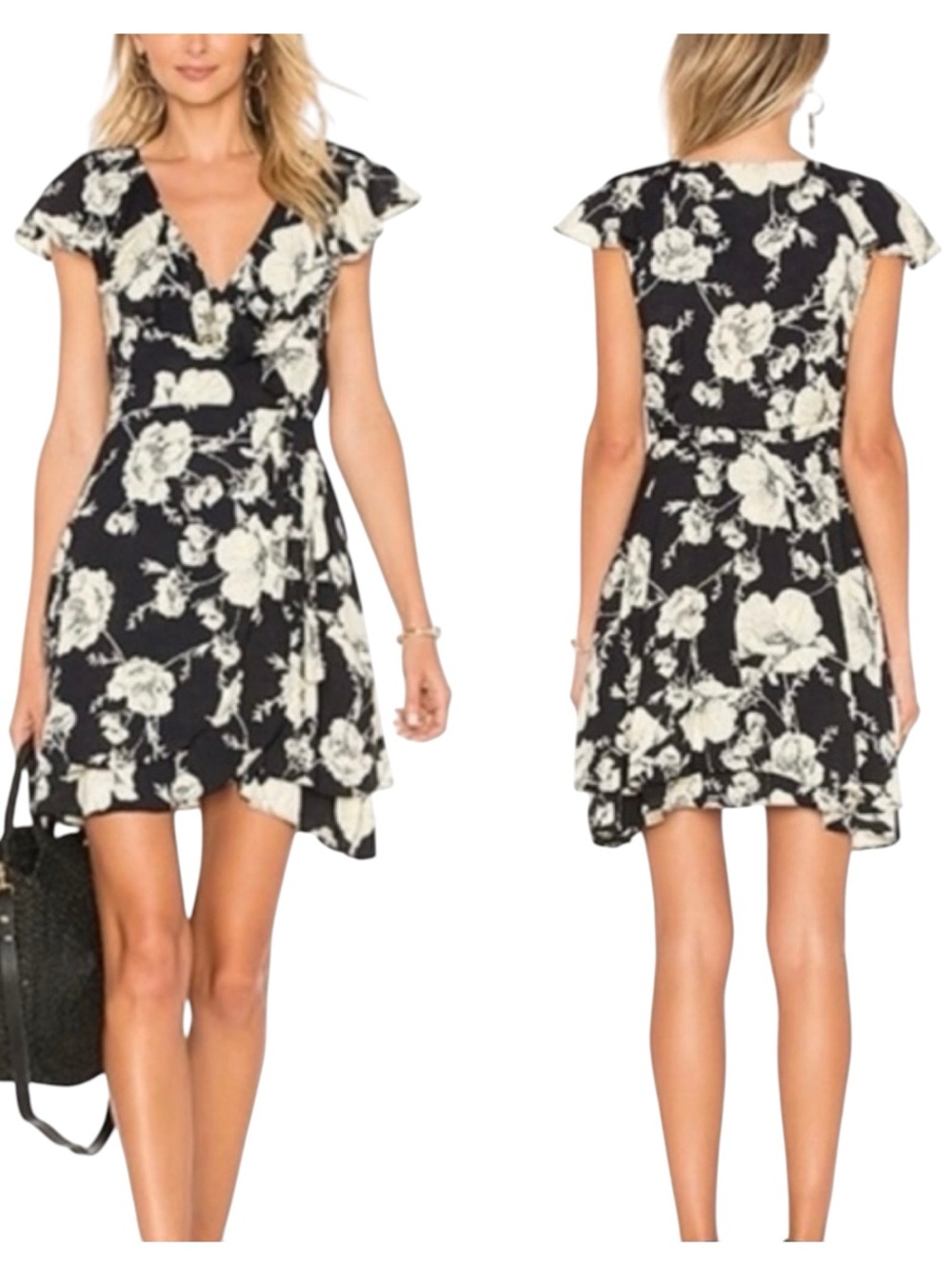 FREE PEOPLE French Quarter Floral Wrap Mini Dress Black Onyx Medium Viscose Boho